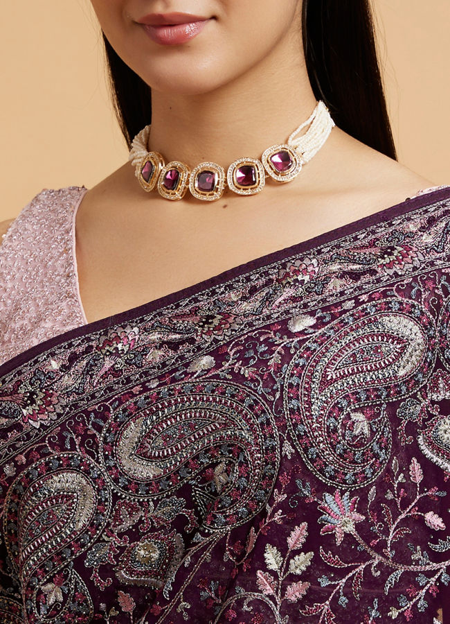 Mohey Women Wine Red Floral Vine Embroidered Saree with Paisley Motifs