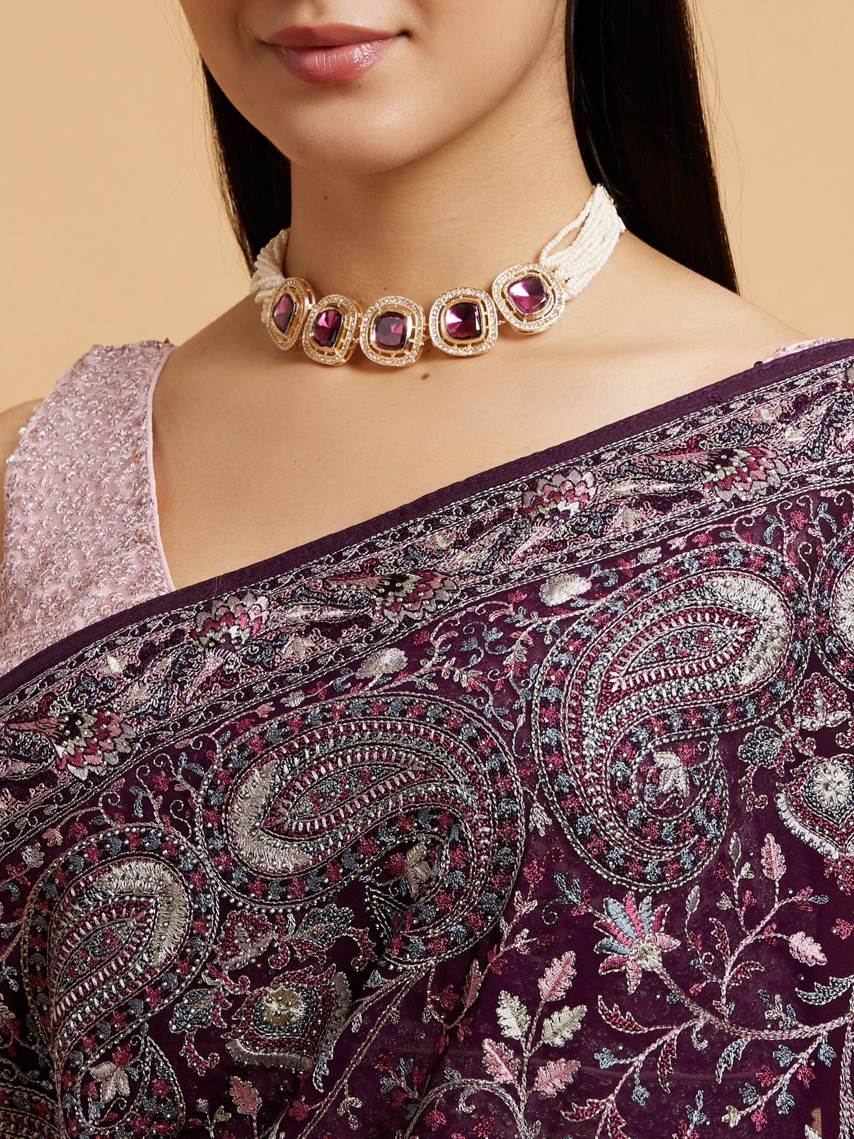 Mohey Women Wine Red Floral Vine Embroidered Saree with Paisley Motifs
