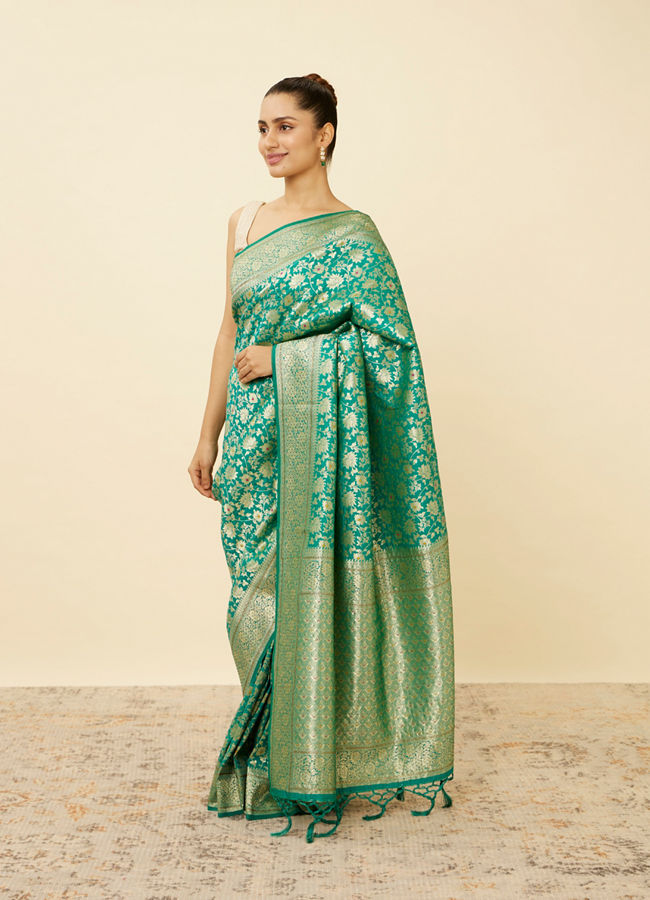 alt message - Mohey Women Emerald Green Bel Buti Patterned Saree image number 3