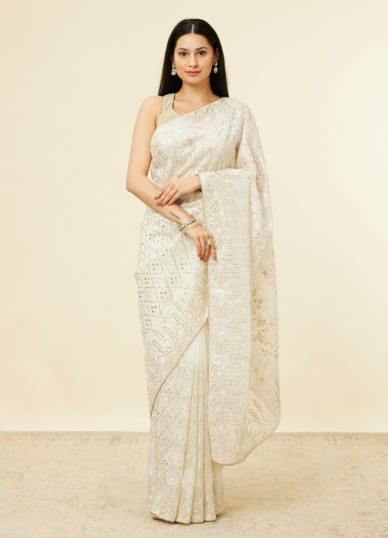 Mohey Women Cream Stone Work Saree