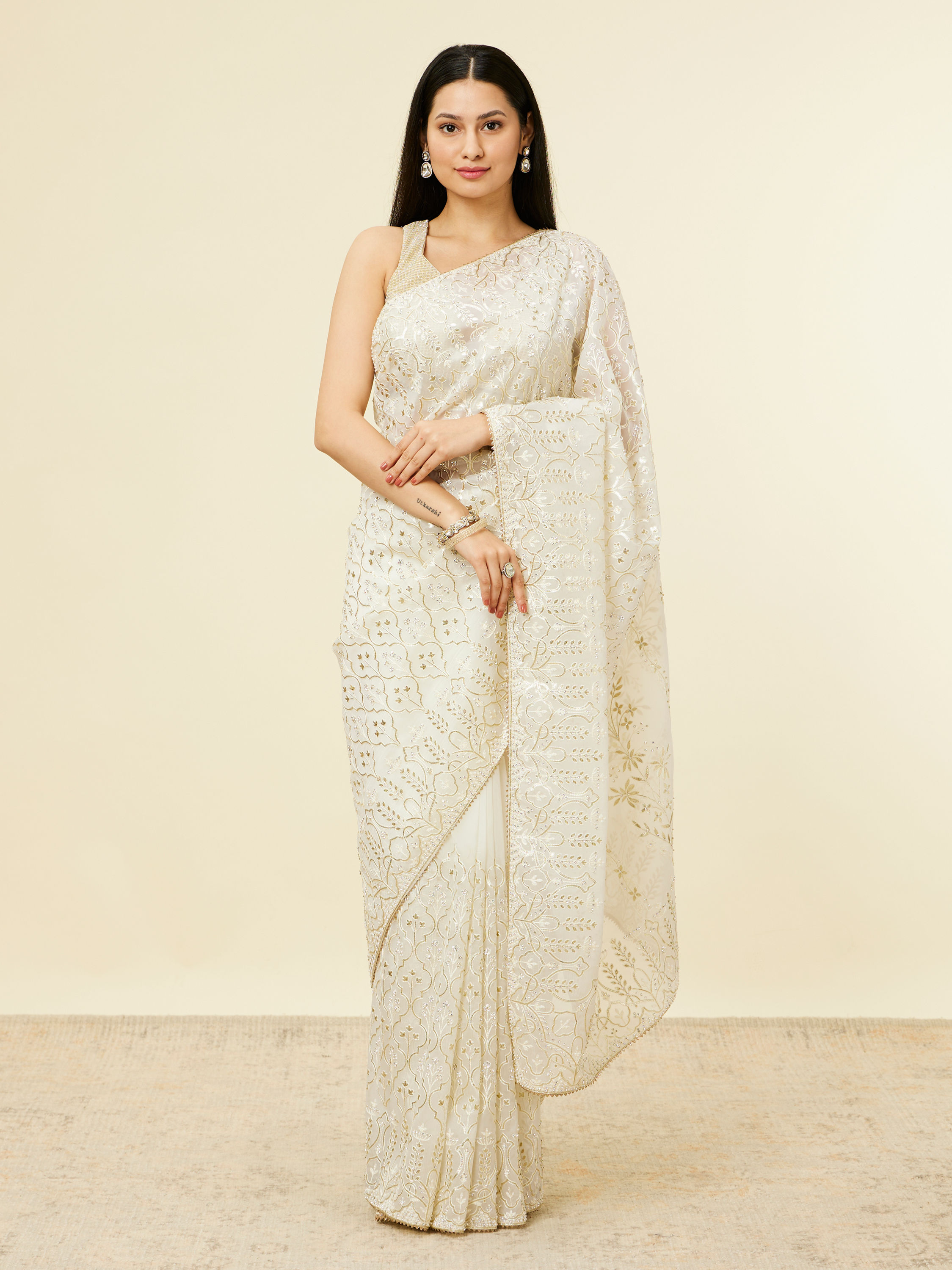 Mohey Women Cream Stone Work Saree