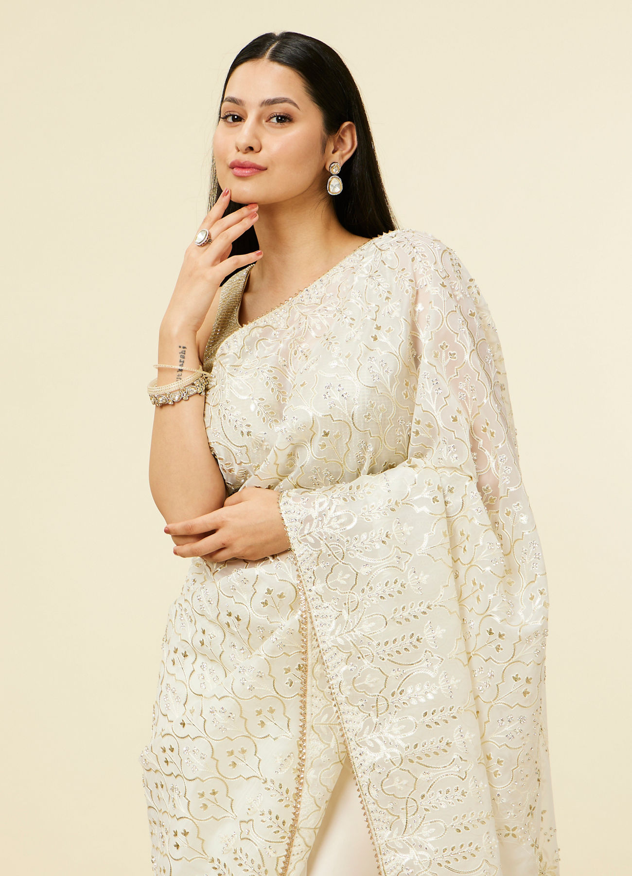 Mohey Women Cream Stone Work Saree