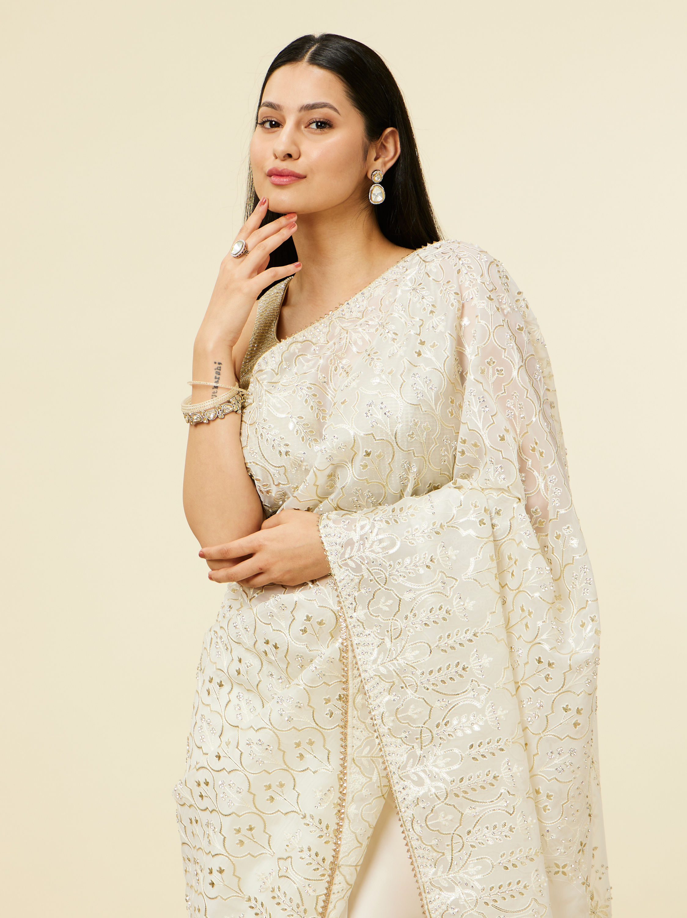 Mohey Women Cream Stone Work Saree