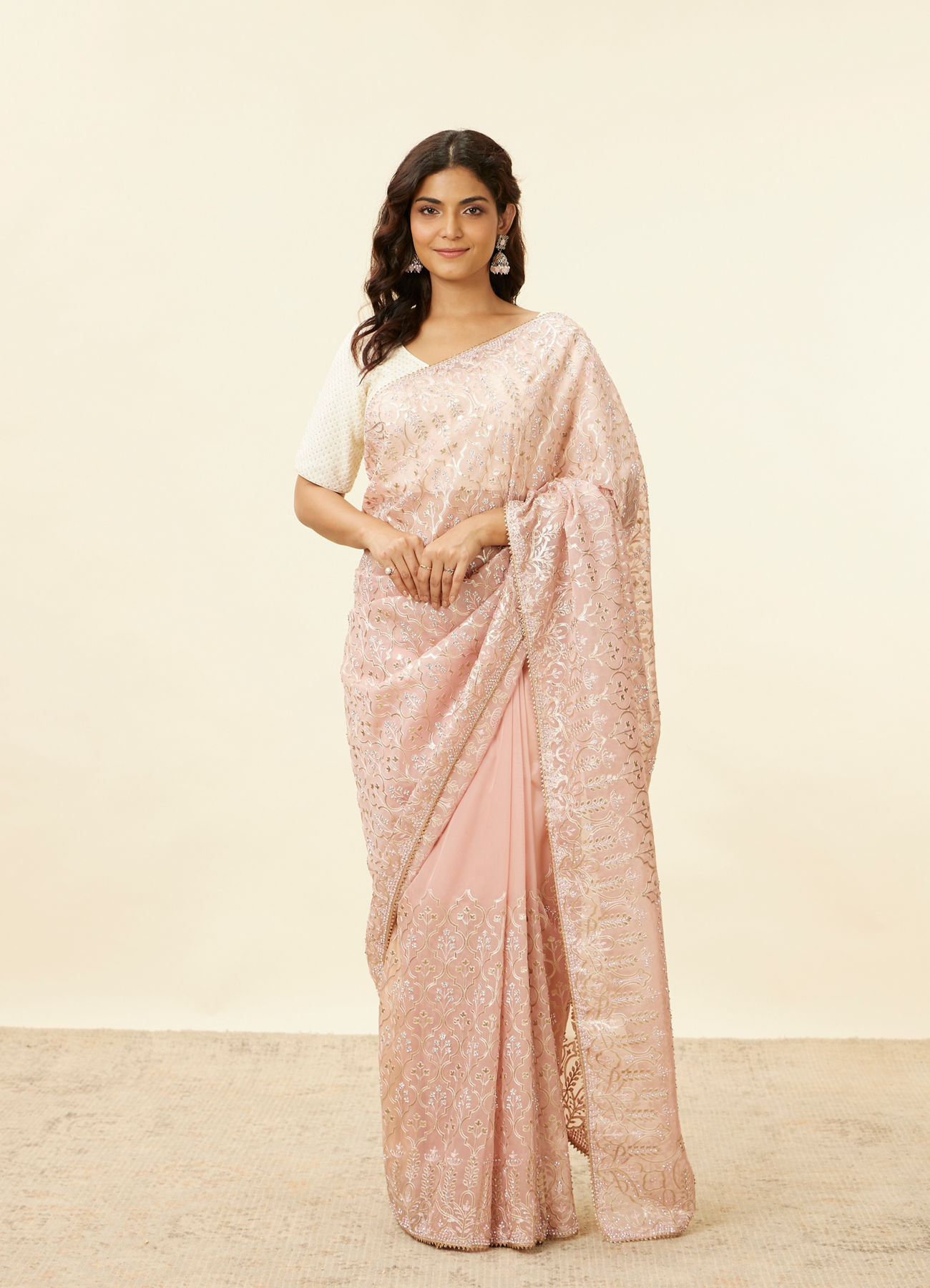 Mohey Women Baby Pink Stone Work Saree