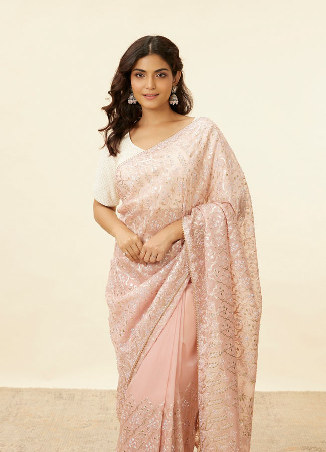 alt message - Mohey Women Baby Pink Stone Work Saree image number 1