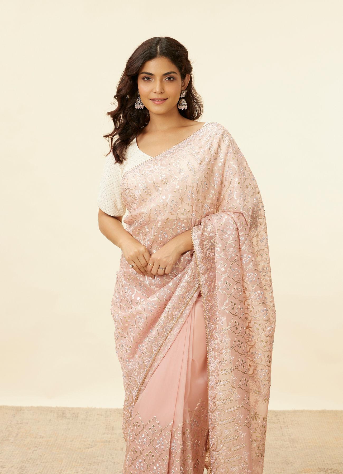 Mohey Women Baby Pink Stone Work Saree