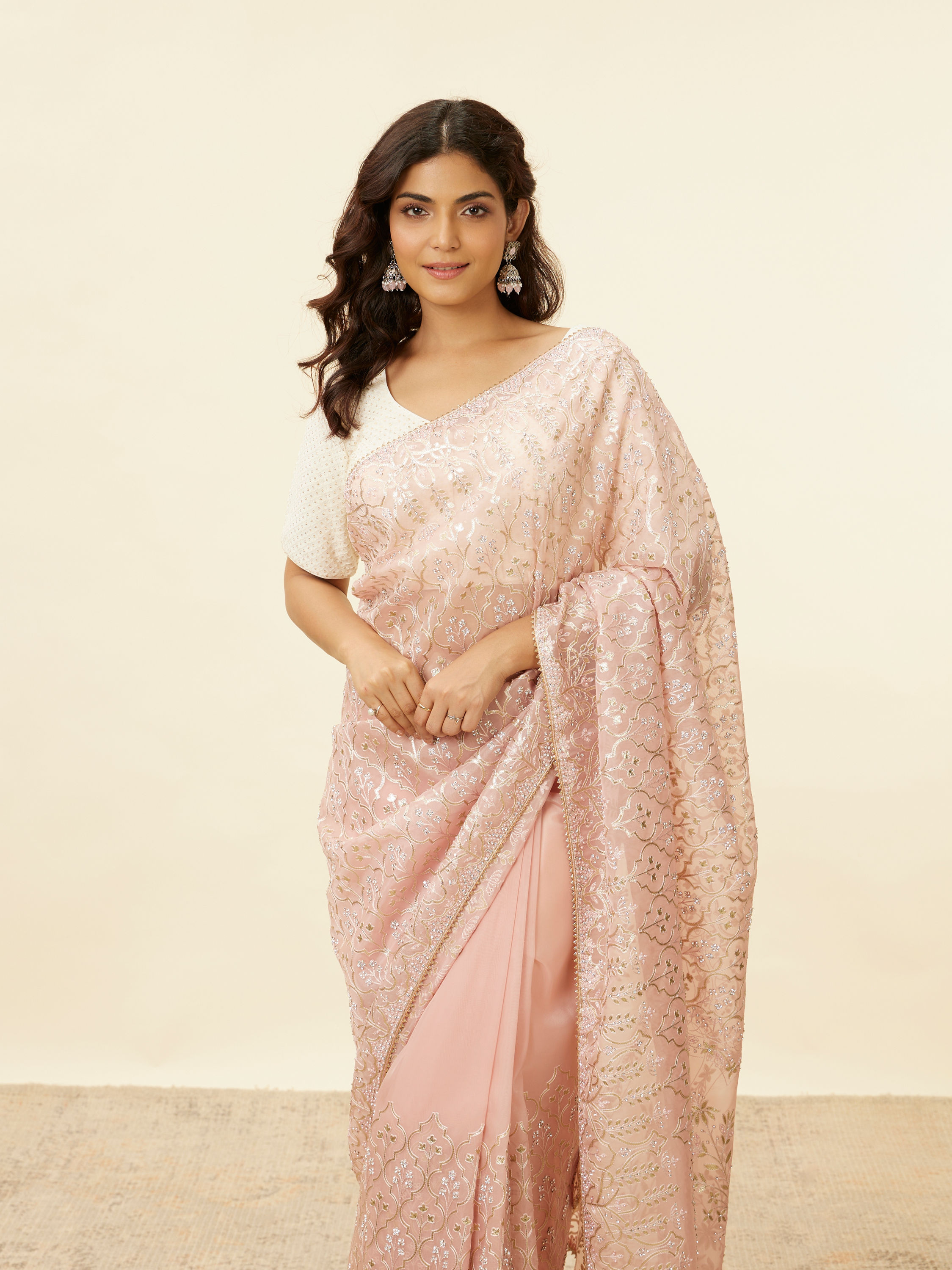 Mohey Women Baby Pink Stone Work Saree