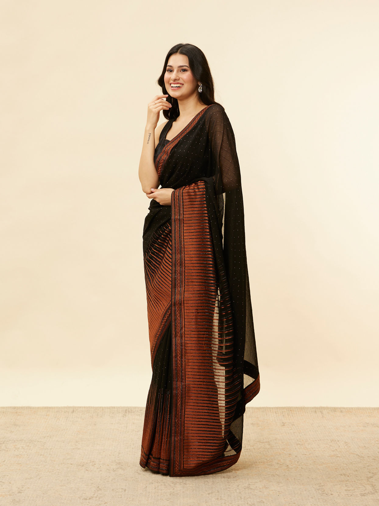 Kohl Black and Copper Stone Work Saree image number 3
