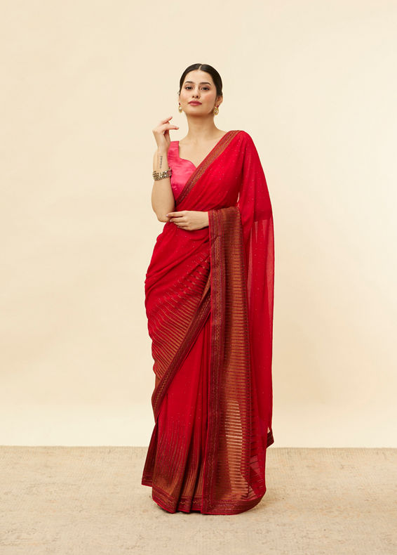 Mohey Women Classic Red and Copper Stone Work Saree