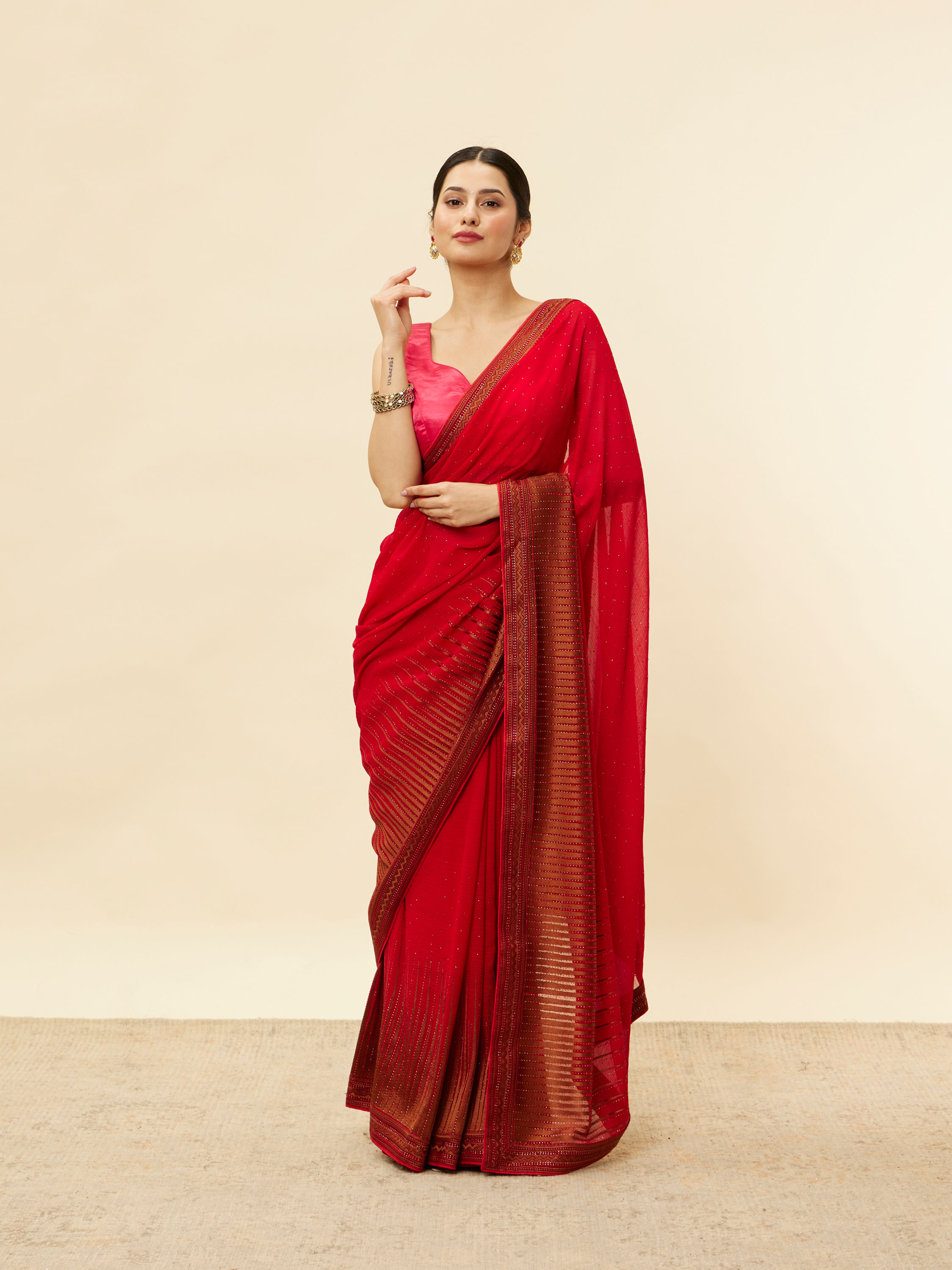 Mohey Women Classic Red and Copper Stone Work Saree