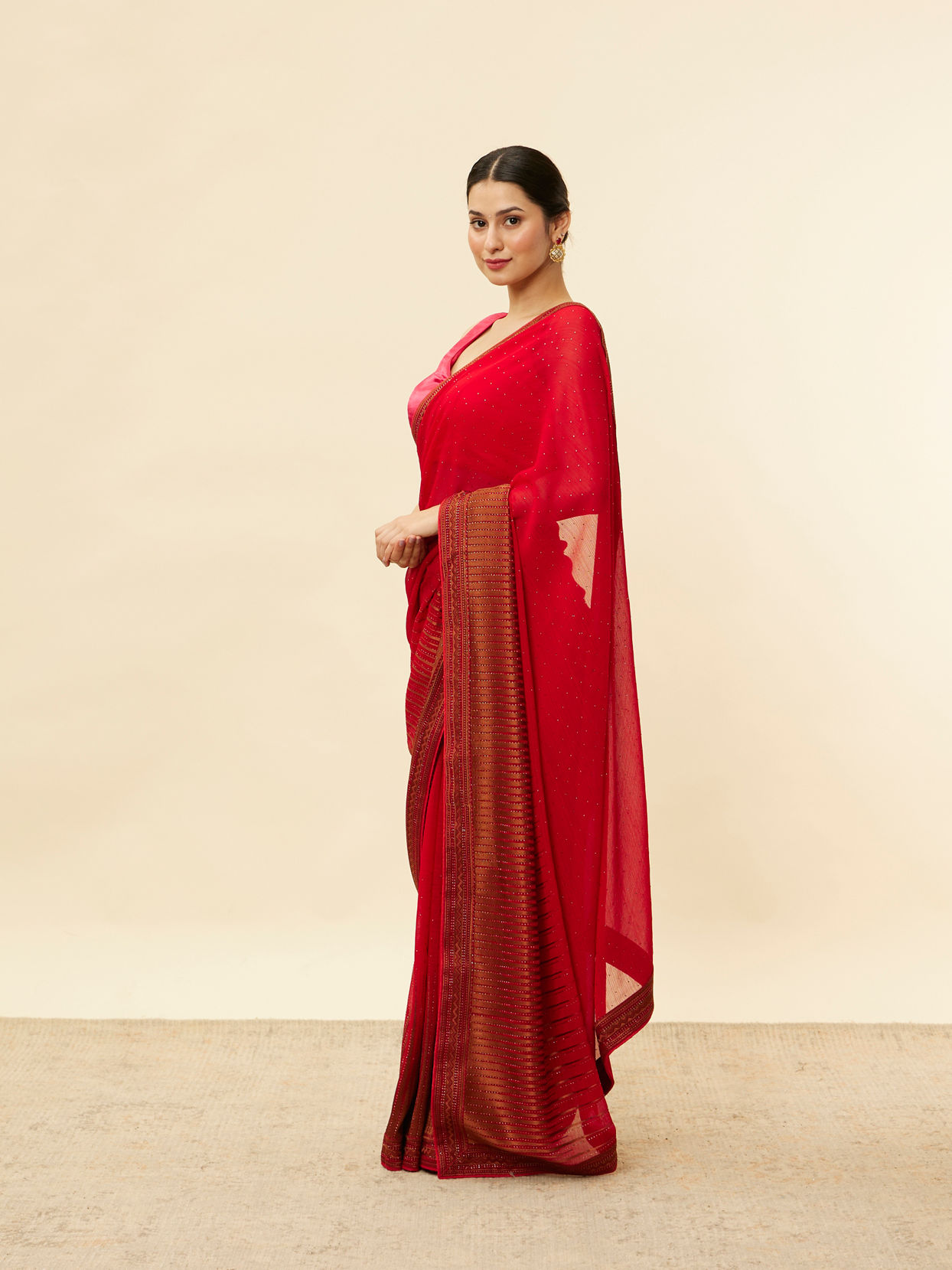 Mohey Women Classic Red and Copper Stone Work Saree