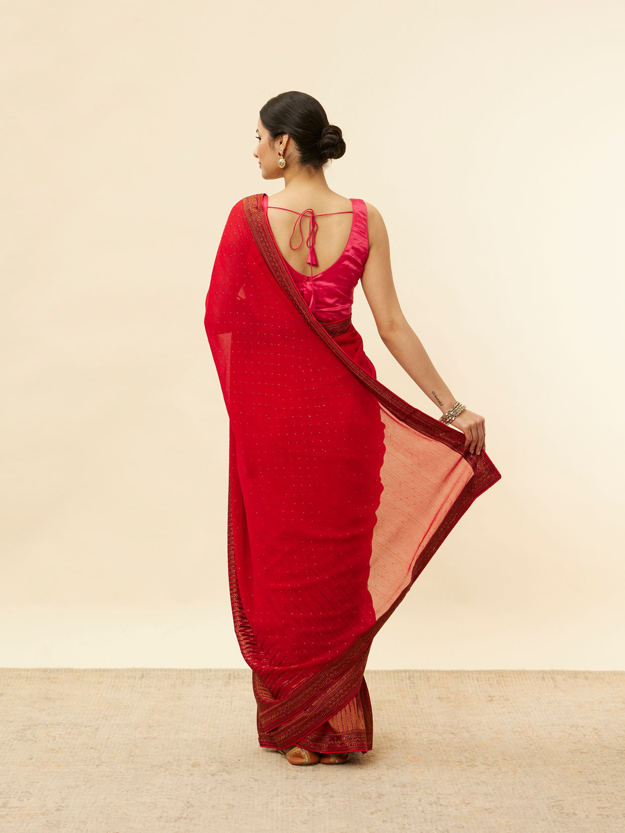 Mohey Women Classic Red and Copper Stone Work Saree