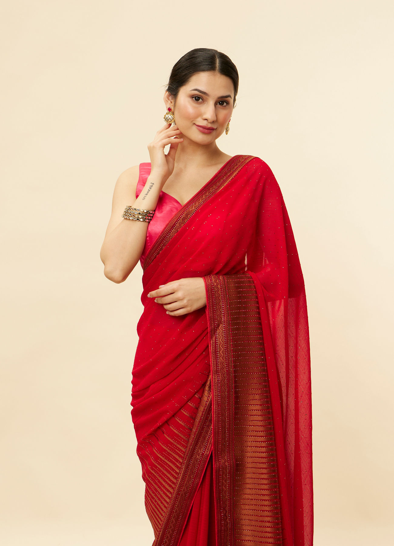 Mohey Women Classic Red and Copper Stone Work Saree
