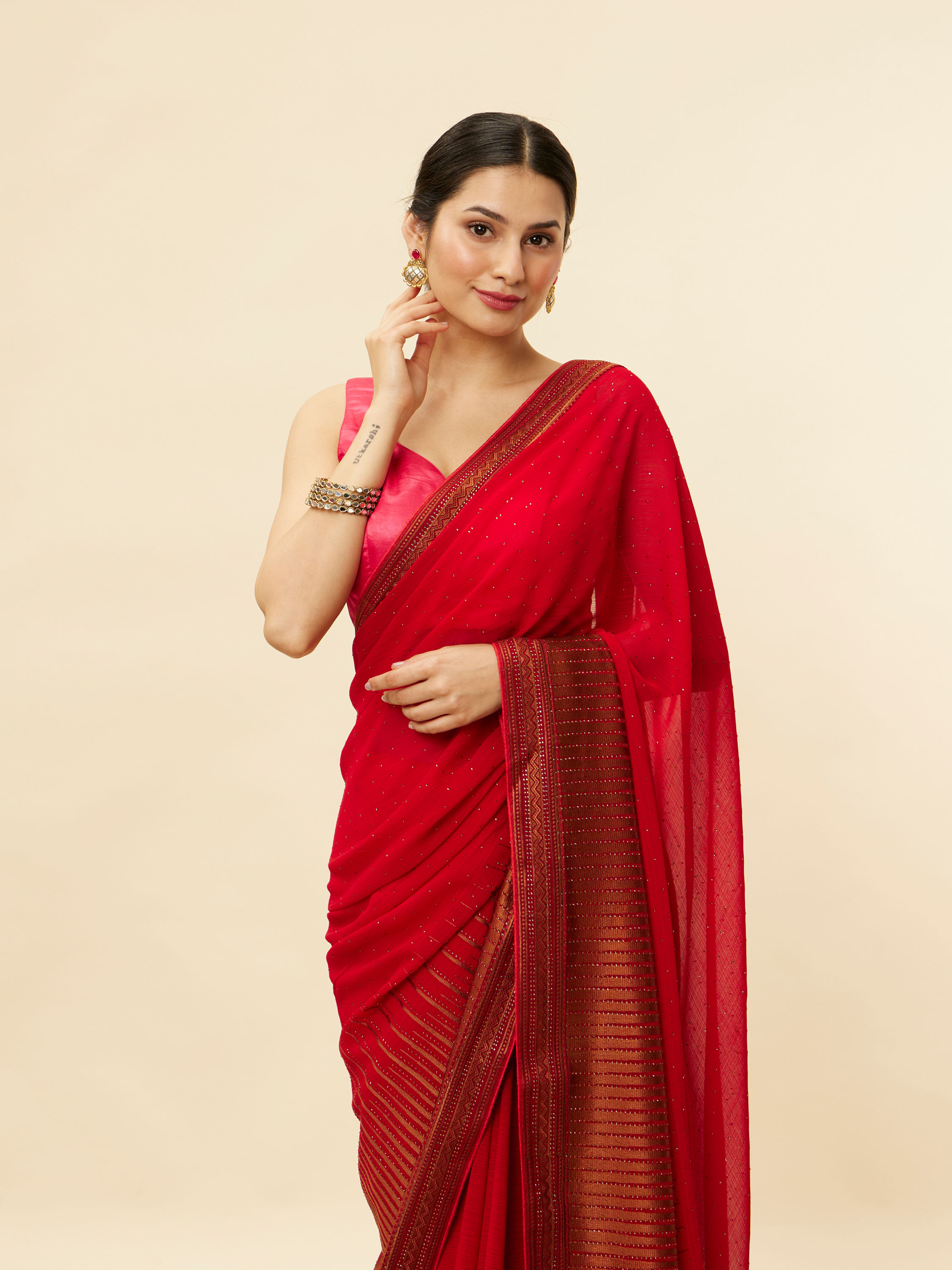 Mohey Women Classic Red and Copper Stone Work Saree