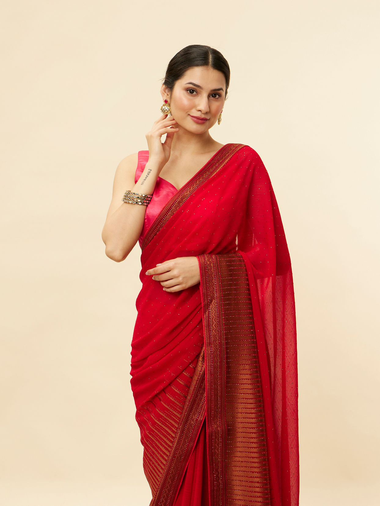 Classic Red and Copper Stone Work Saree image number 1