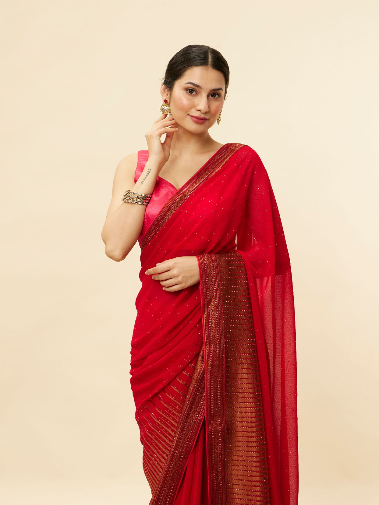 Mohey Women Classic Red and Copper Stone Work Saree