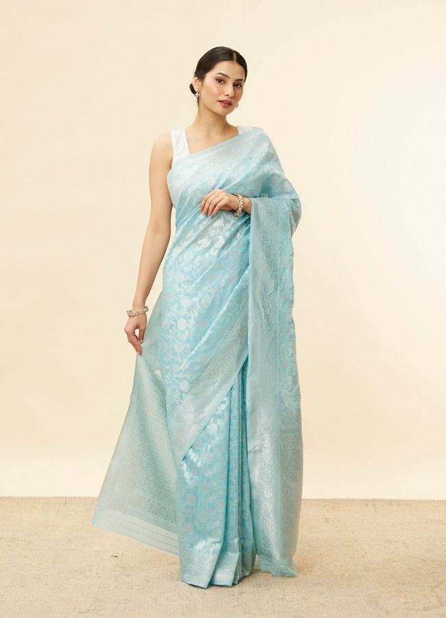 alt message - Mohey Women Sky Blue Floral Zari Work Saree image number 0