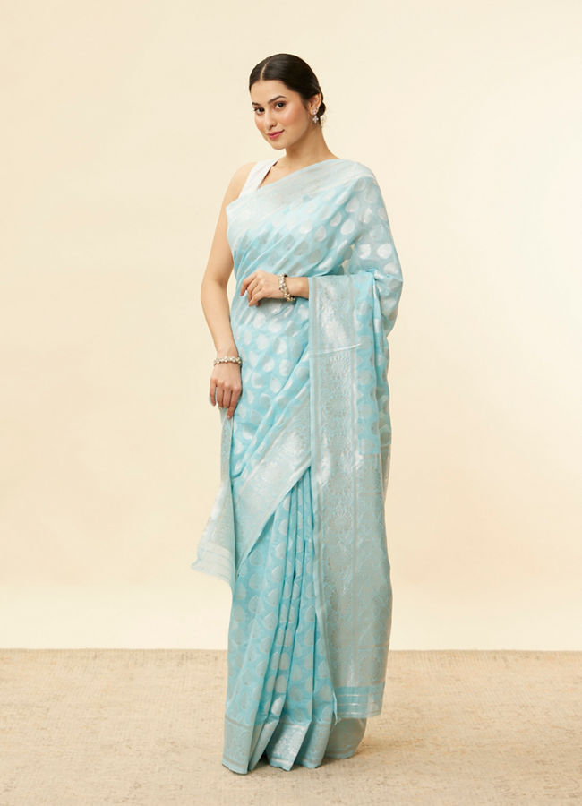 Mohey Women Aquamarine Blue Leaf Patterned Zari Work Saree