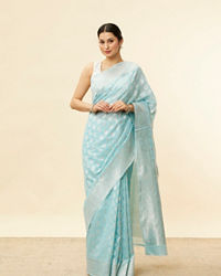 Mohey Women Aquamarine Blue Leaf Patterned Zari Work Saree