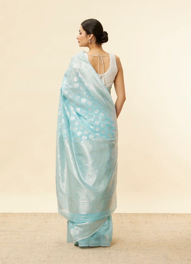 Mohey Women Aquamarine Blue Leaf Patterned Zari Work Saree