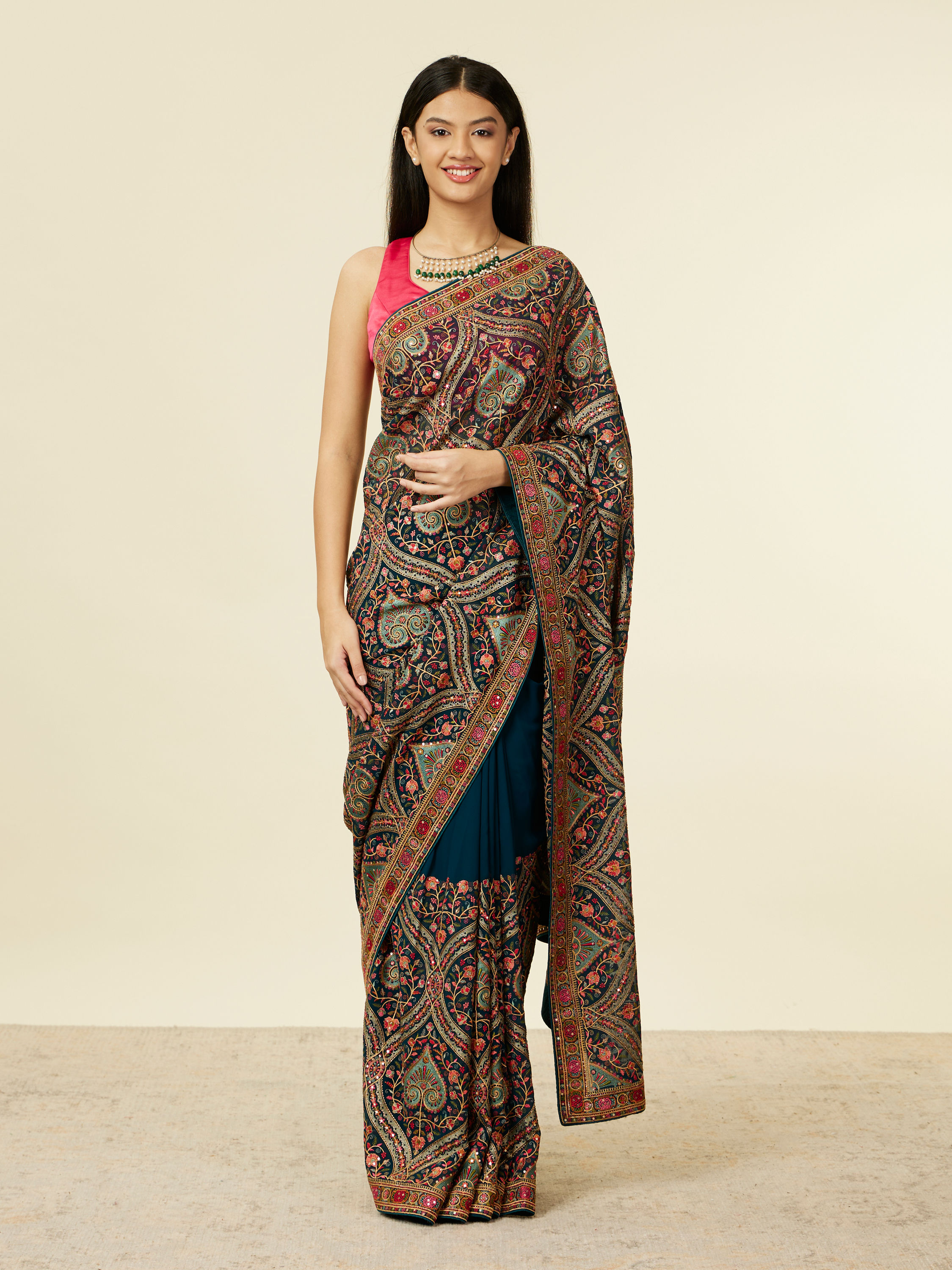 Mohey Women Teal Blue Paan Motif Saree