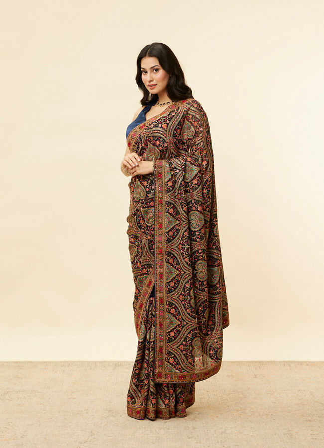 Mohey Women Sapphire Blue Paan Motif Sequined Saree