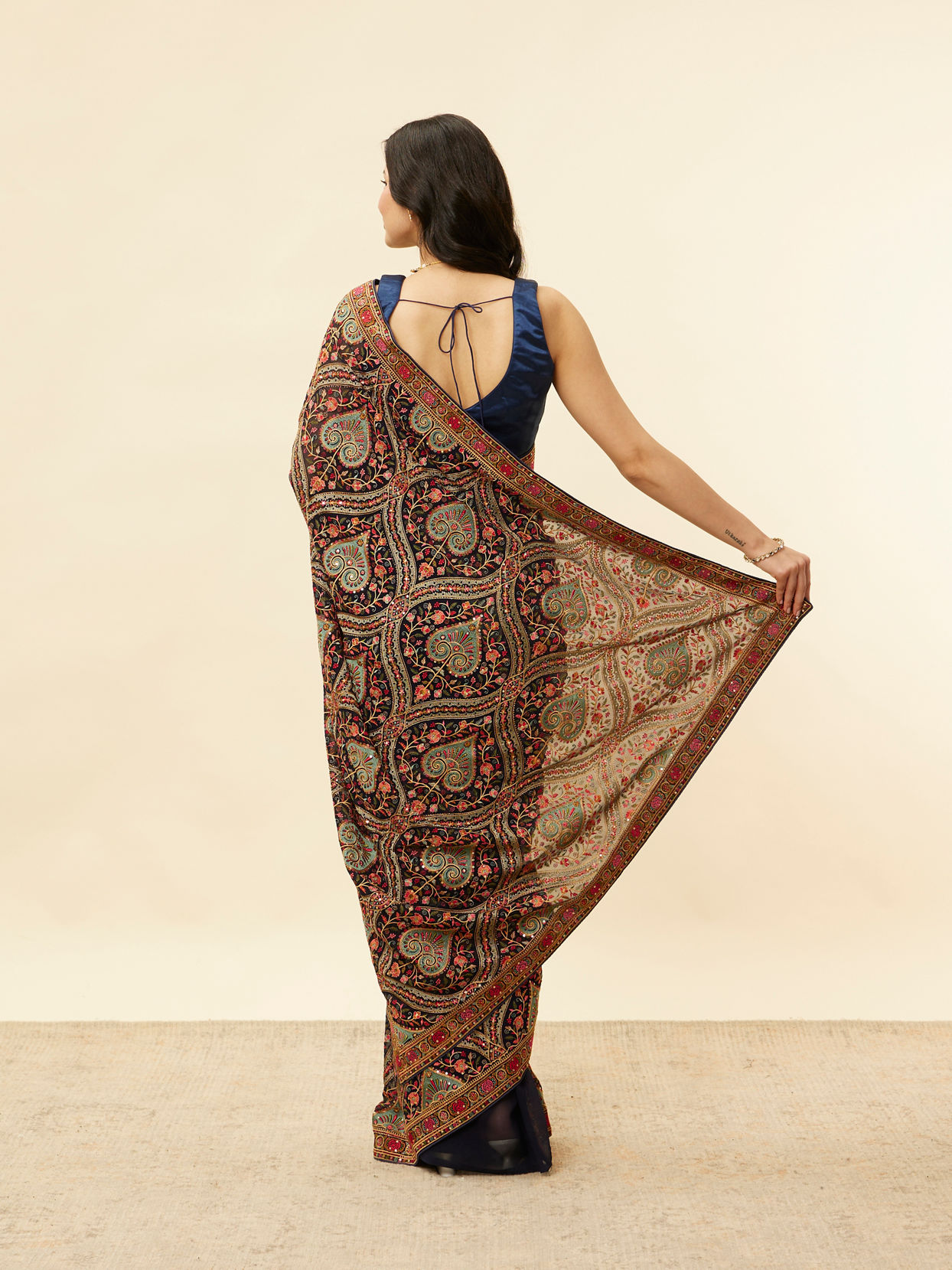 Mohey Women Sapphire Blue Paan Motif Sequined Saree