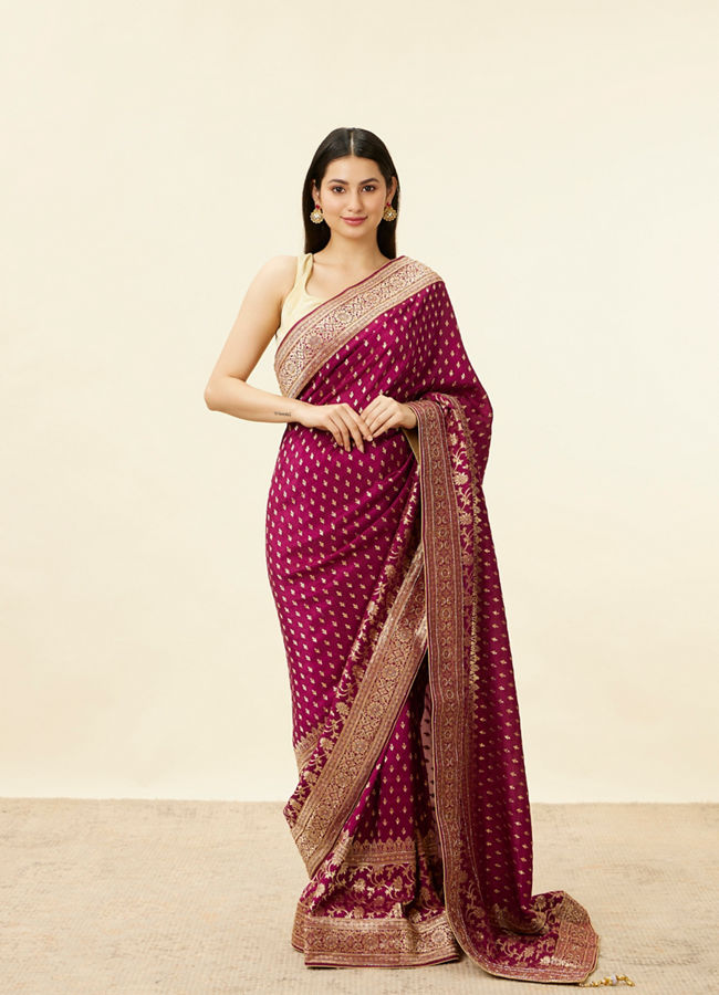 Mohey Women Cherry Red Floral Jaal Bridal Saree