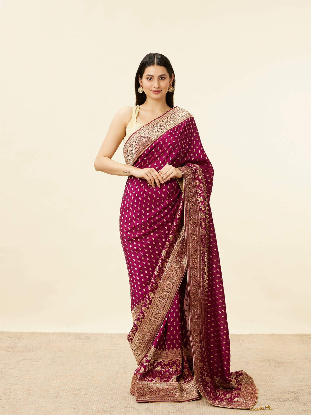 Mohey Women Cherry Red Floral Jaal Bridal Saree