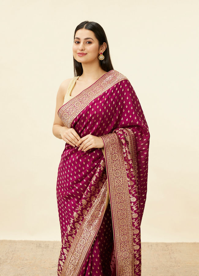 Mohey Women Cherry Red Floral Jaal Bridal Saree
