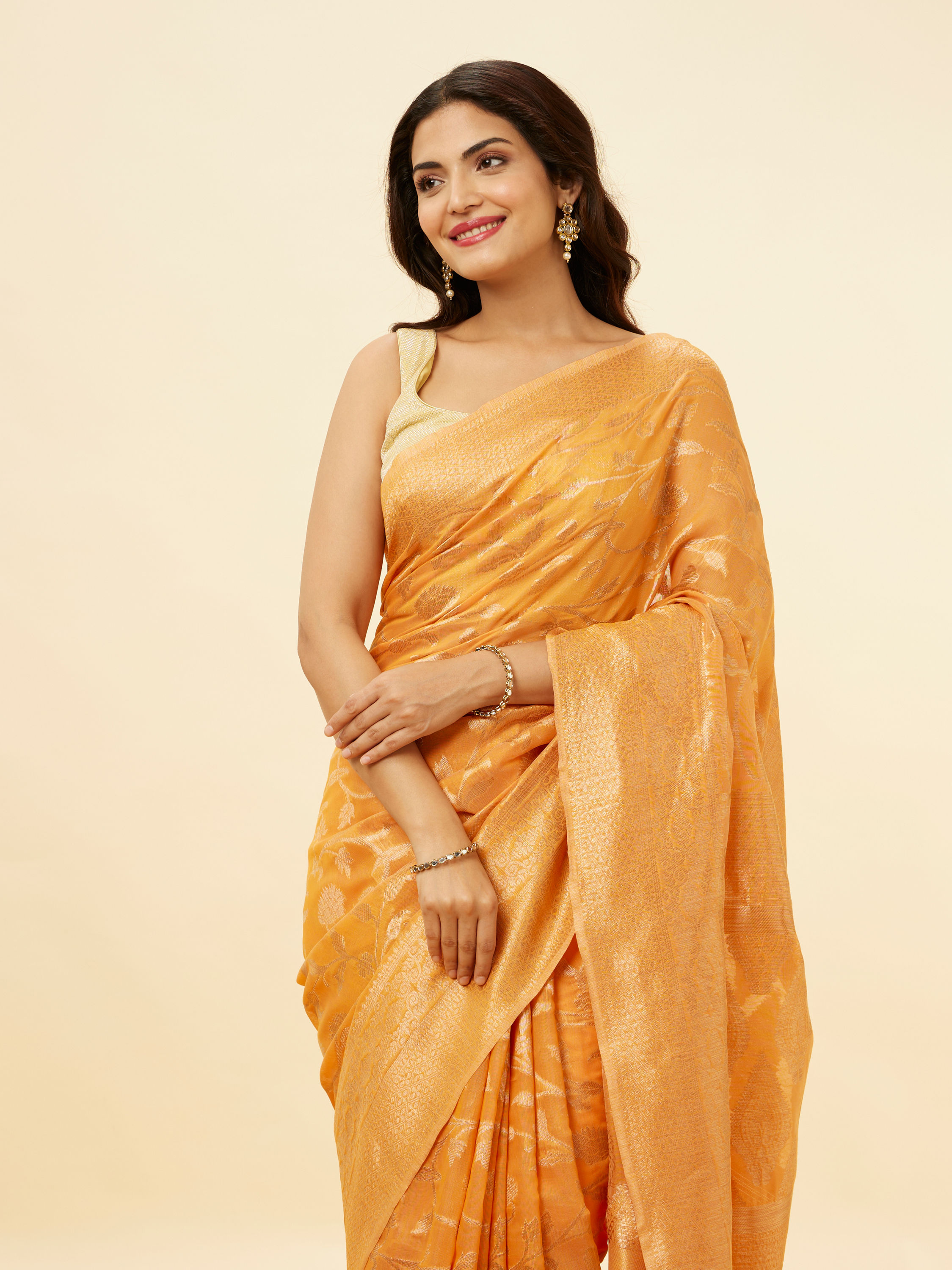 Mohey Women Sunrise Orange Floral Patterned Saree