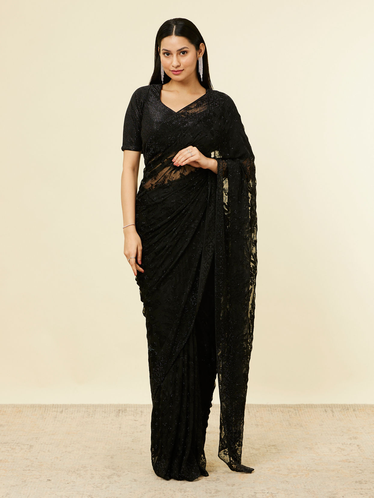 Mohey Women Charcoal Black Floral Printed Rhinestone Embellished Saree