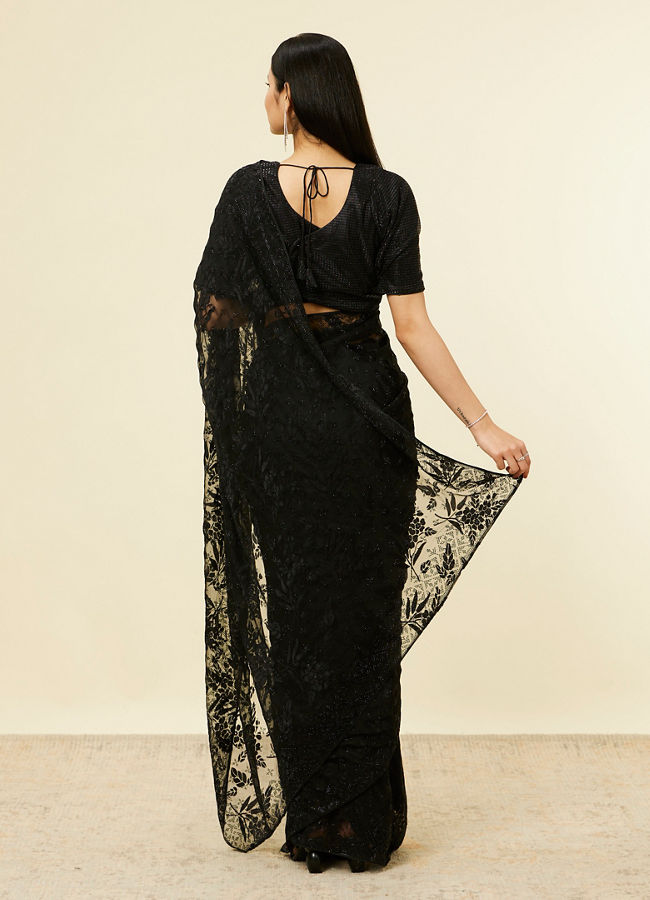 Mohey Women Charcoal Black Floral Printed Rhinestone Embellished Saree