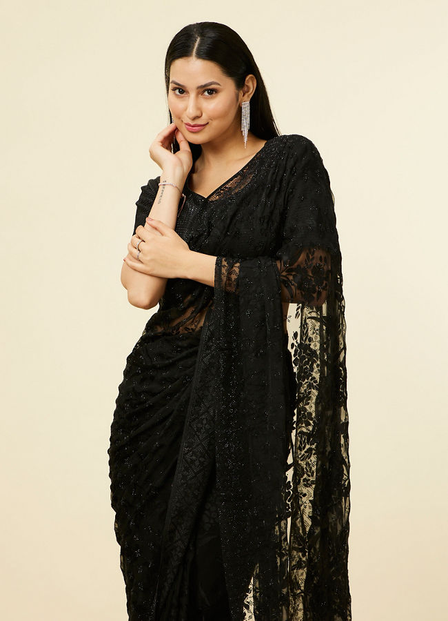 Mohey Women Charcoal Black Floral Printed Rhinestone Embellished Saree