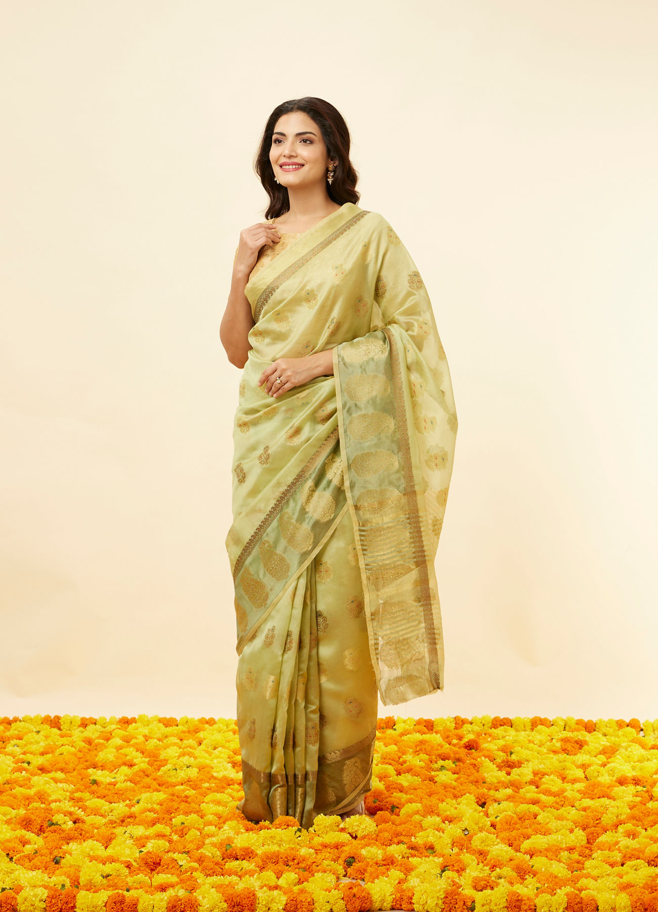 Mohey Women Pista Green Fern and Paisley Motif Saree