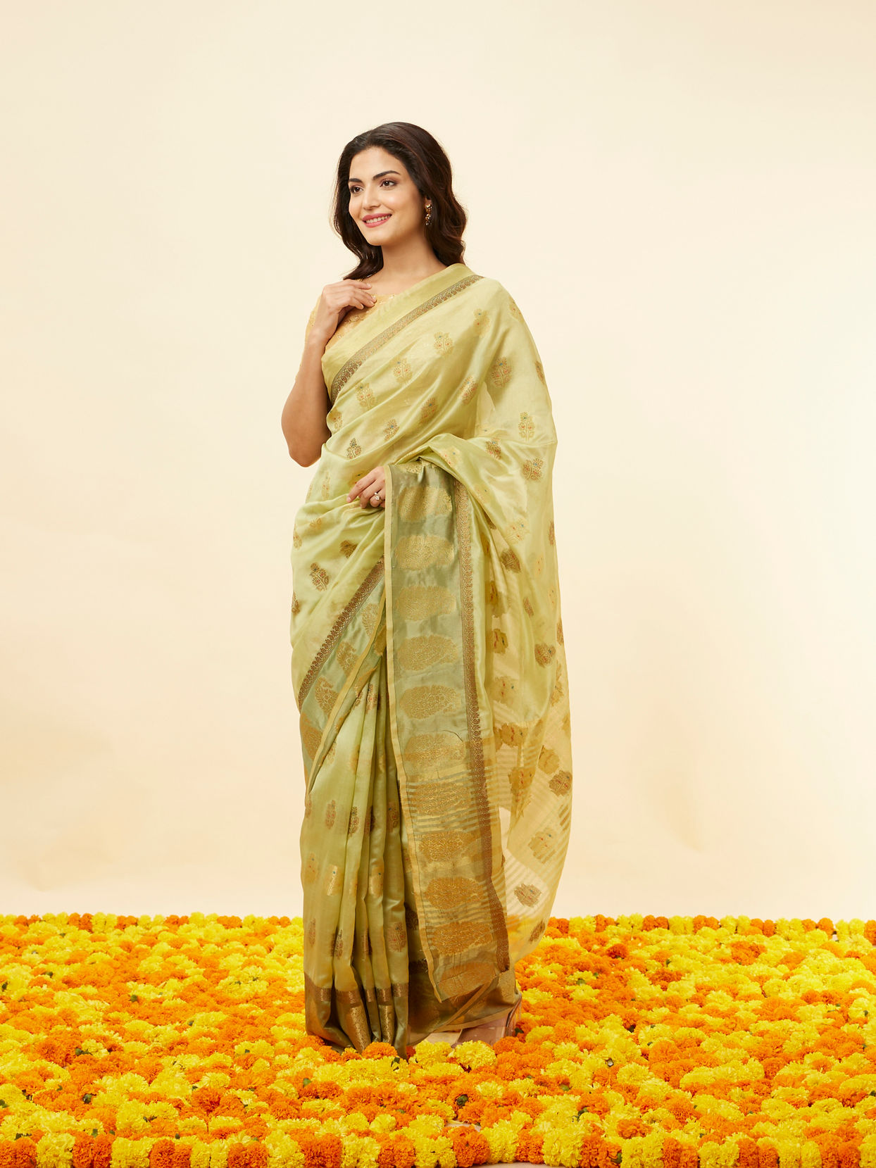 Mohey Women Pista Green Fern and Paisley Motif Saree