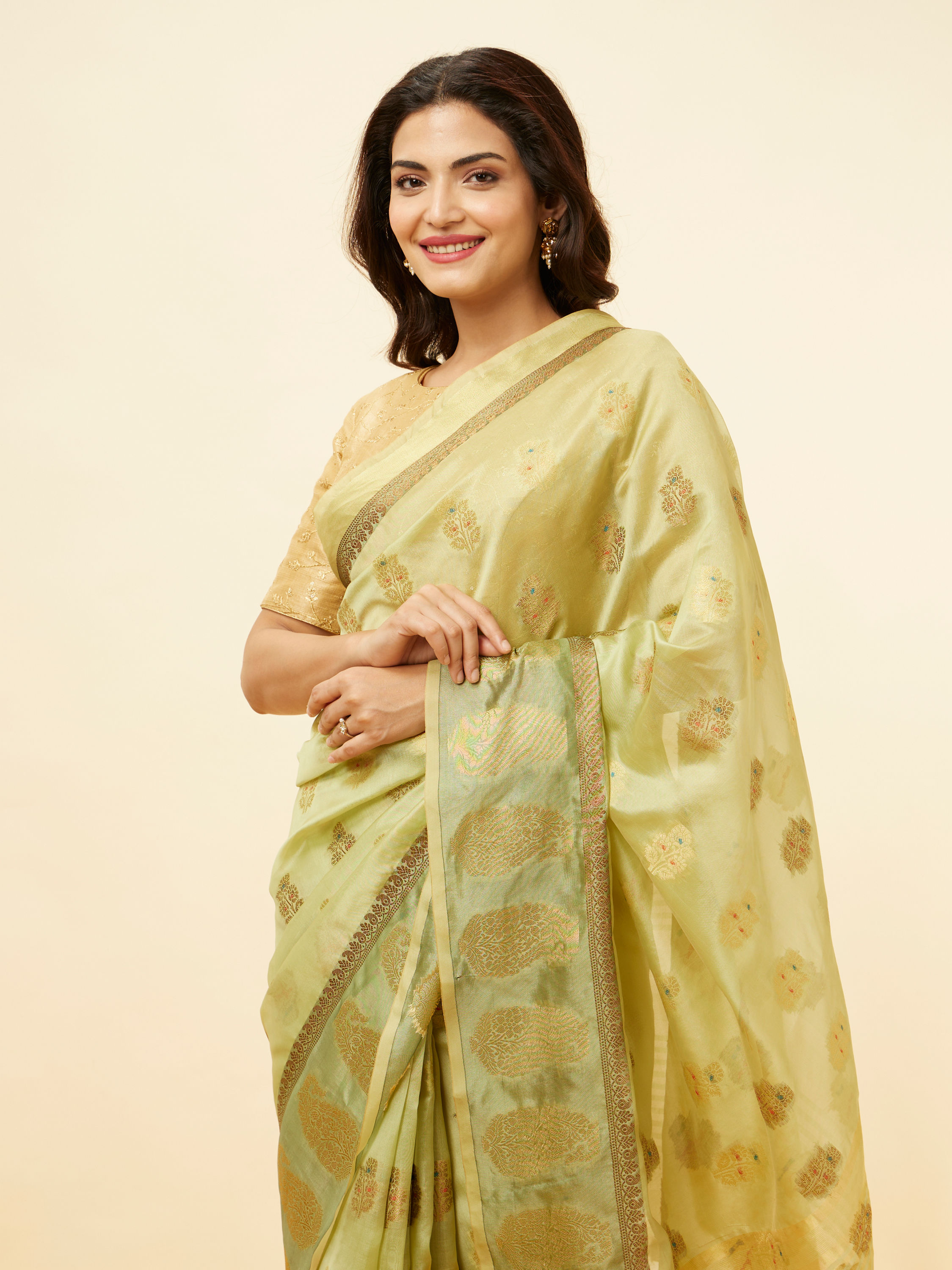 Mohey Women Pista Green Fern and Paisley Motif Saree