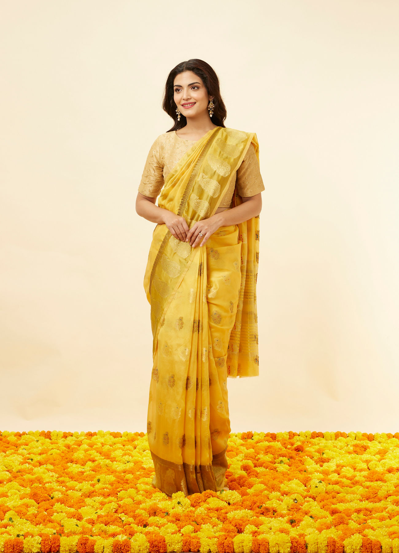 Mohey Women Sunlit Yellow Fern and Paisley Motif Saree