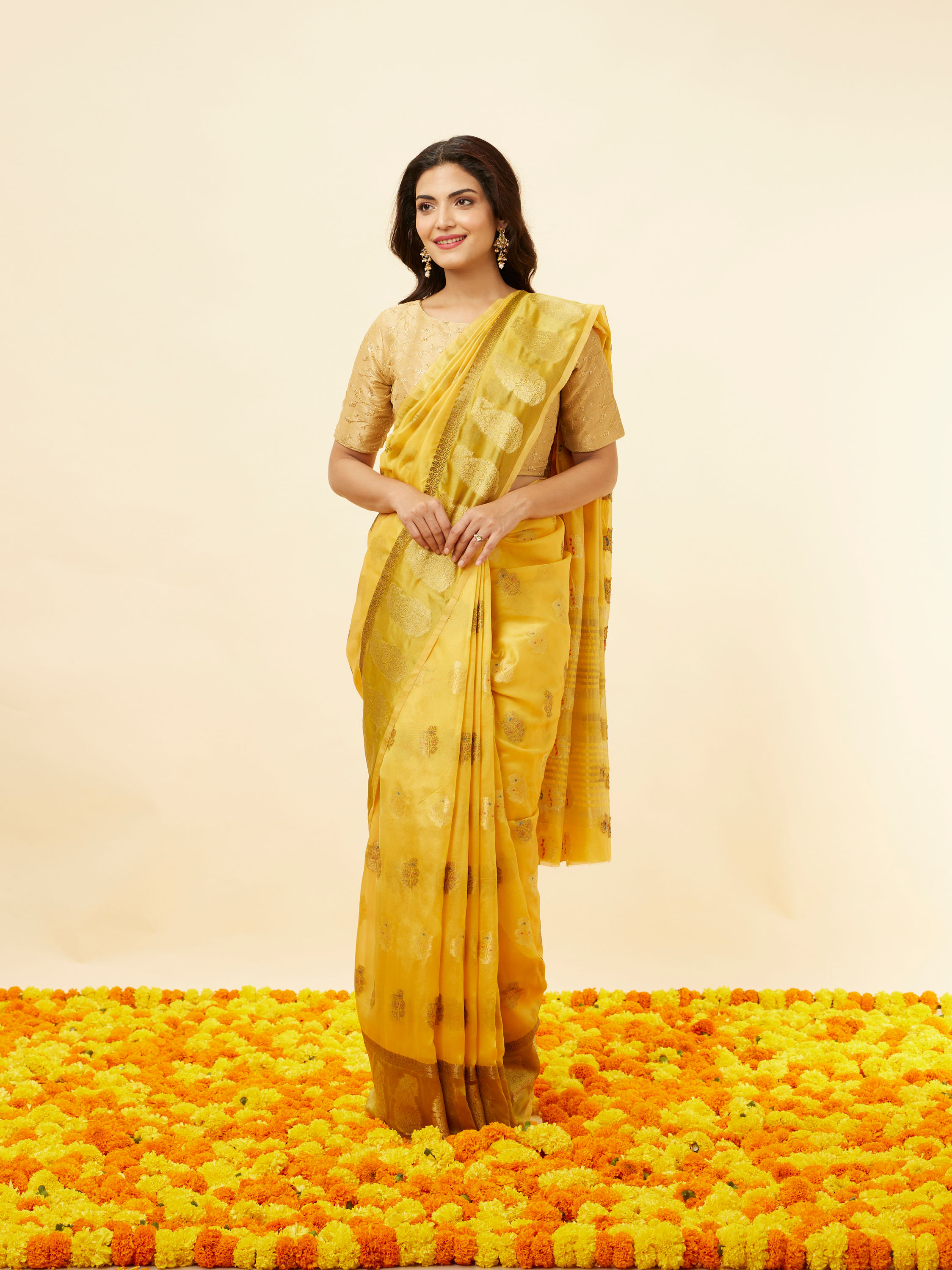 Mohey Women Sunlit Yellow Fern and Paisley Motif Saree