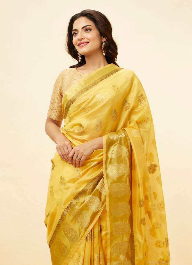 Sunlit Yellow Fern and Paisley Motif Saree image number 1