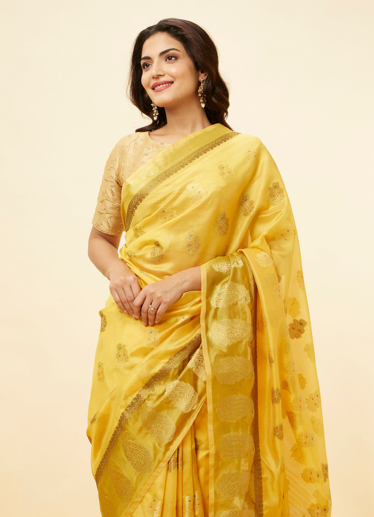 Mohey Women Sunlit Yellow Fern and Paisley Motif Saree