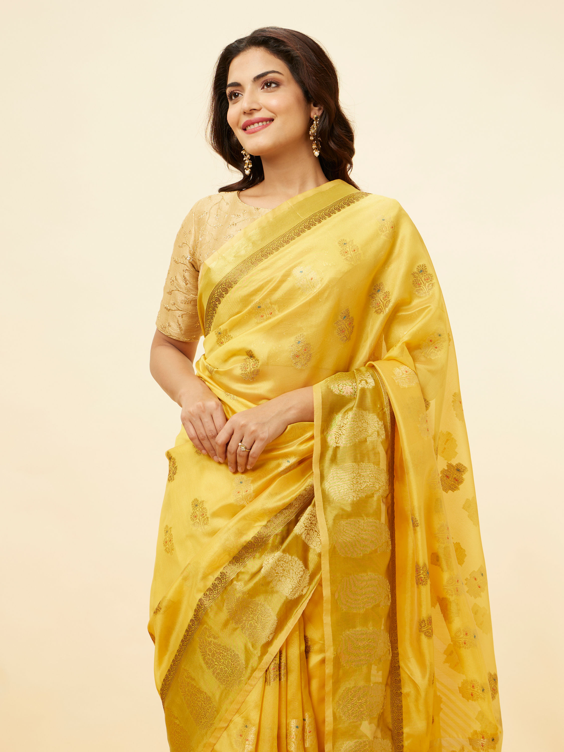 Mohey Women Sunlit Yellow Fern and Paisley Motif Saree