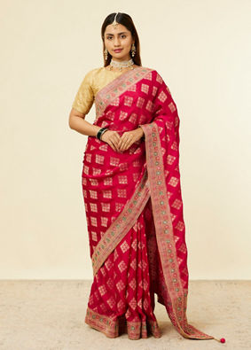 Mohey Women Rani Pink Buta Printed Bridal Saree