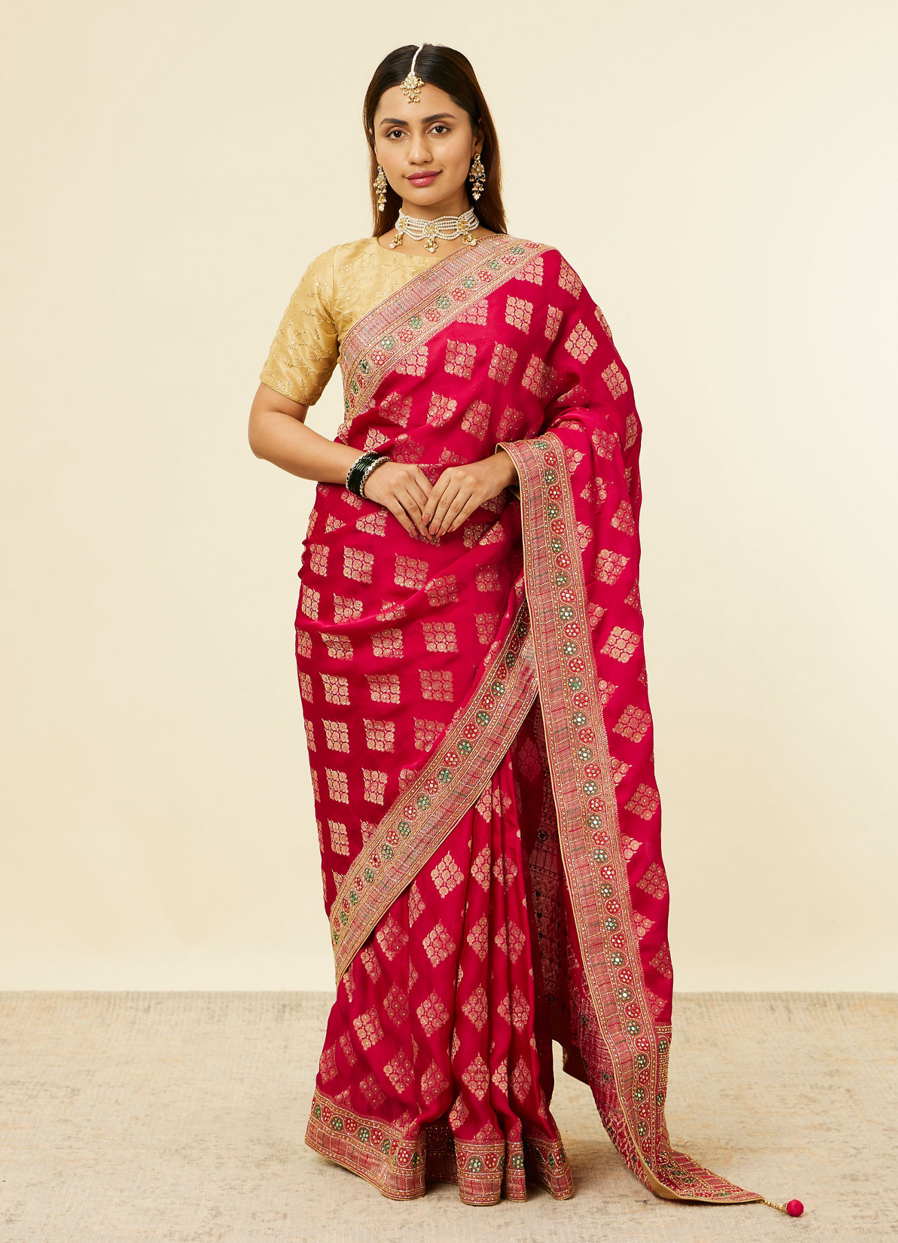 Mohey Women Rani Pink Buta Printed Bridal Saree
