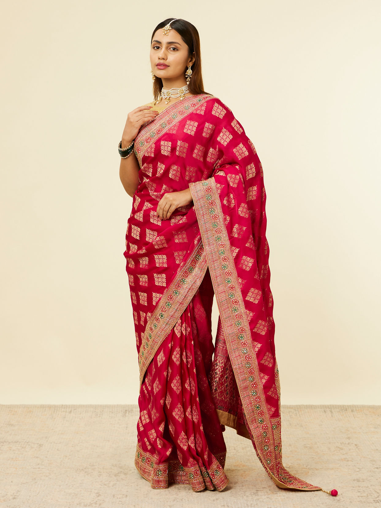 Mohey Women Rani Pink Buta Printed Bridal Saree