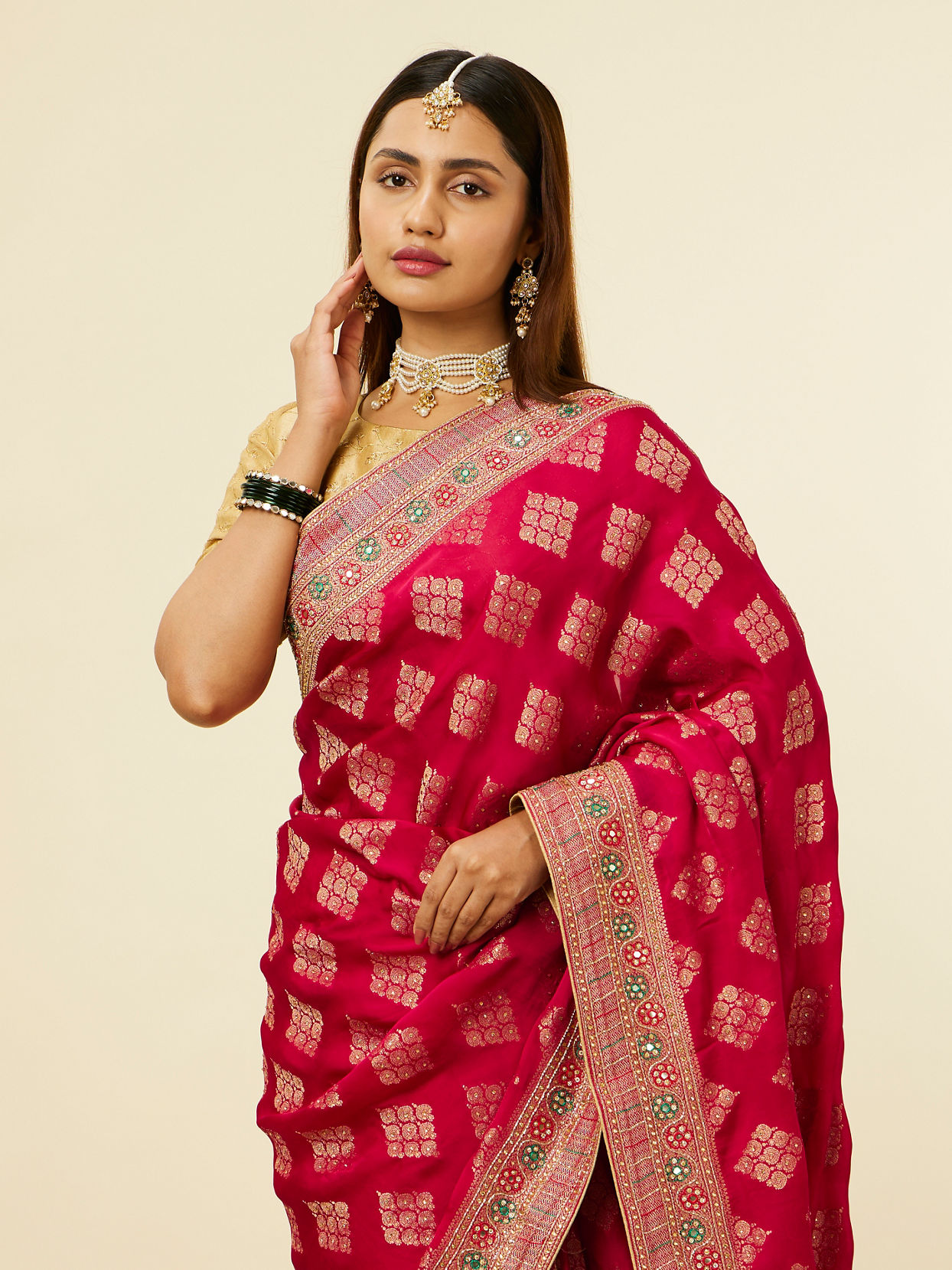 Mohey Women Rani Pink Buta Printed Bridal Saree