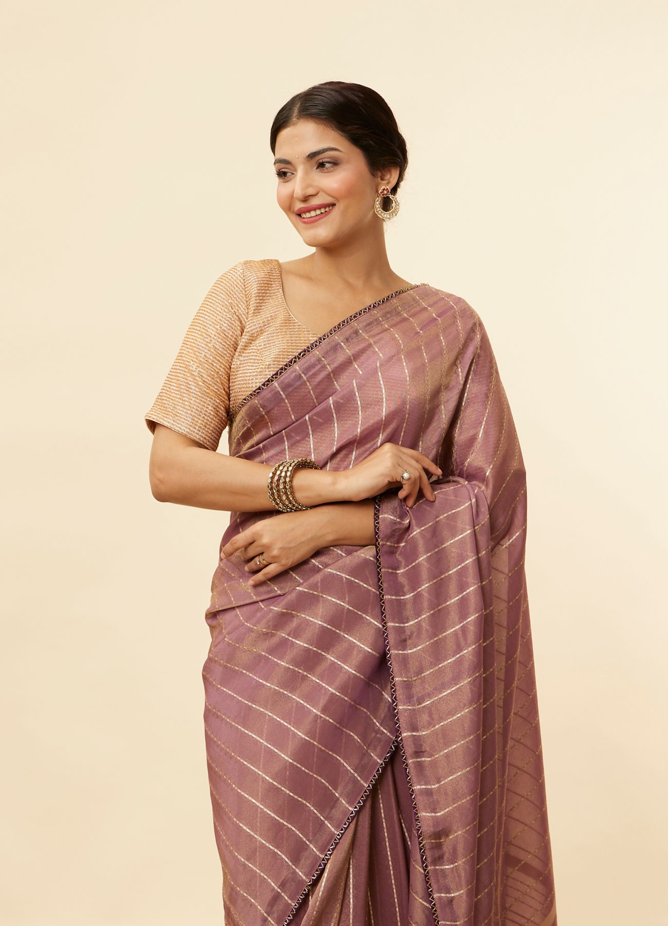 Mohey Women Mulberry Purple Zari Striped Saree
