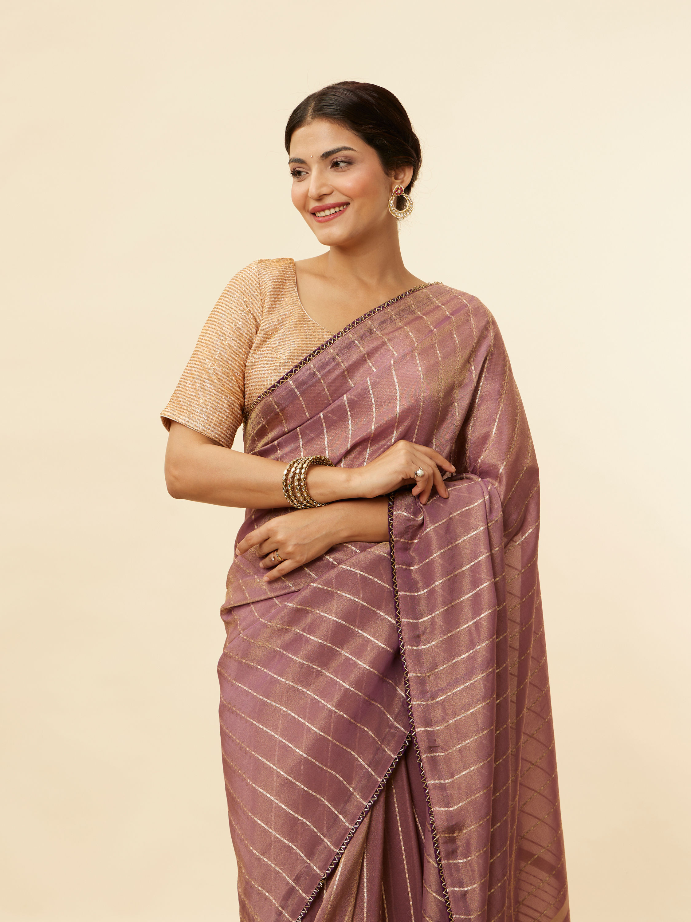 Mohey Women Mulberry Purple Zari Striped Saree