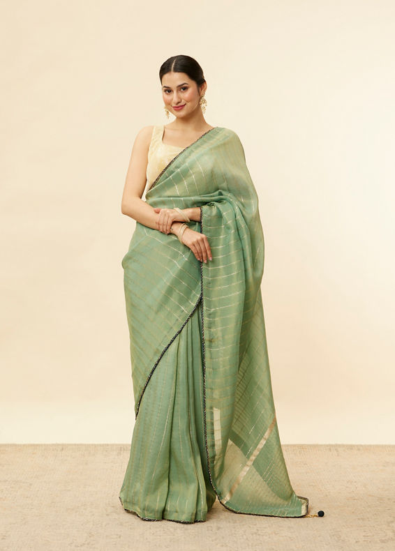 Mohey Women Forest Green Zari Striped Saree