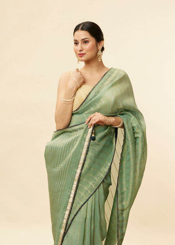 Mohey Women Forest Green Zari Striped Saree